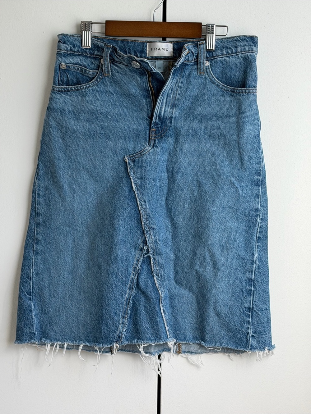 Frame Denim Blue Distressed Midi Denim Skirt